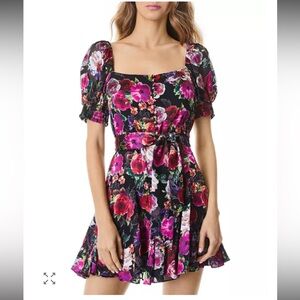 NEW Alice + Olivia Mina Belted Floral Mini Dress Midnight Rose Size 0